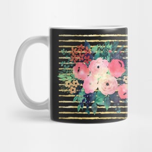 Pretty Pink Flowers Paint Gold Stripes Pattern Mug